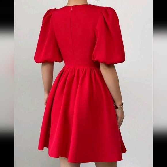 Elegant Round Neck Puff Sleeve Bow Tie Hollow Out Midi Peplum Dress - Picture 4 of 4